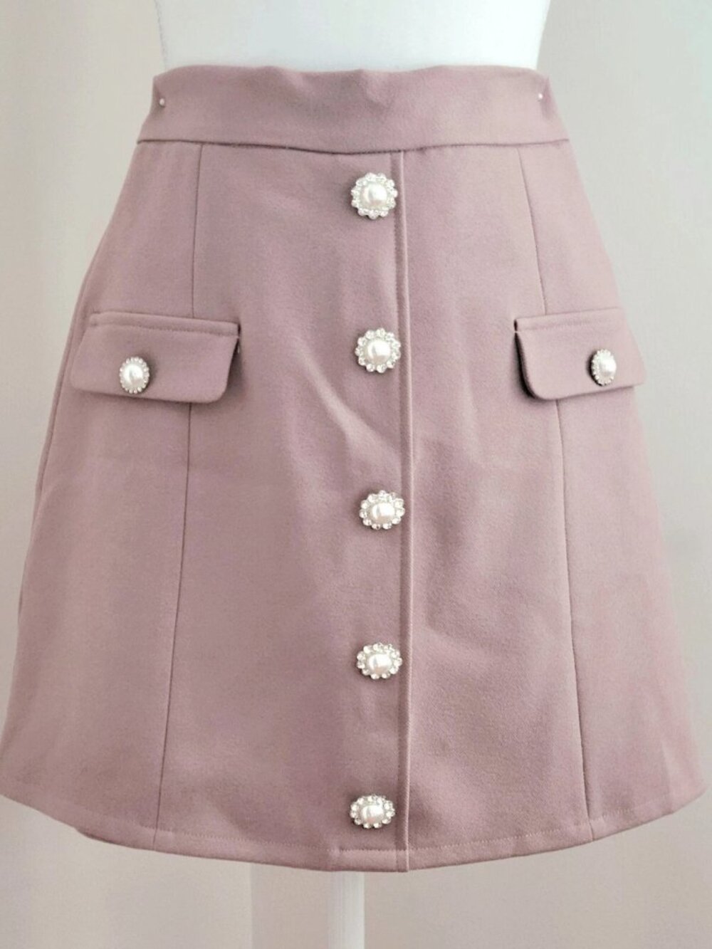 ANK ROUGE Pink Pearl Bijoux Button A-Line Mini Skirt